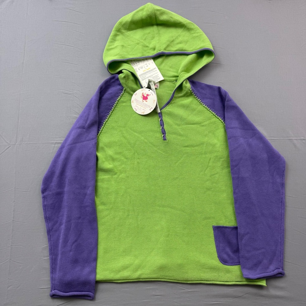 Quacker Factory Lime Green Purple Color Block Knit Hoodie Rhinestone Buttons XL